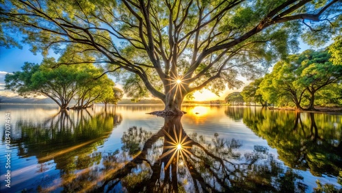 A solitary tree stands amidst a tranquil lake, its branches reaching towards the sky as the sun peeks through the foliage, casting shimmering reflections on the water's surface.