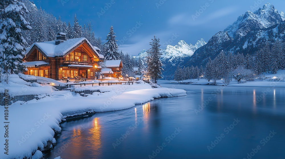 Fototapeta premium beautiful colorful auror illuminating serene nordic landscape with snow covered mountains tranquil river and cozy cabins.image