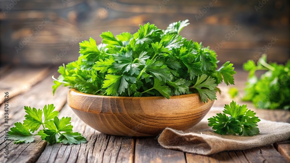 Asymmetrical bunch of fresh parsley in bowl on table for healthy living Asymmetrical bunch of fresh parsley in bowl on table for healthy living