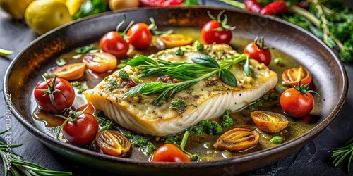 Aromatic Herb-Crusted Fish with Roasted Cherry Tomatoes and Vibrant Green Accents in a Rustic Earthenware Dish