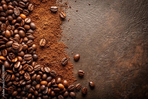 asymmetrical coffee powder and beans on textured surface photo