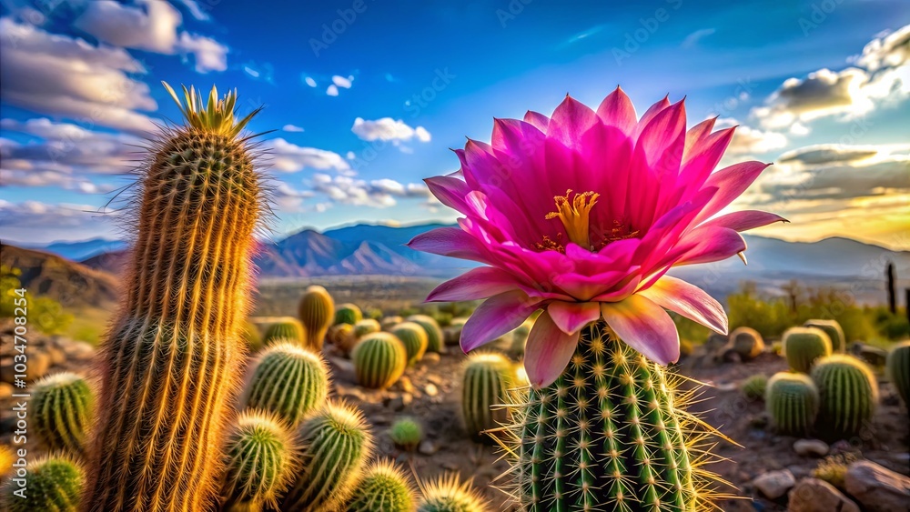 A vibrant pink cactus flower blossoms against a backdrop of rugged mountains and a sky painted with hues of blue and gold. A vibrant pink cactus flower blossoms against a backdrop of rugged mountains and a sky painted with hues of blue and gold.