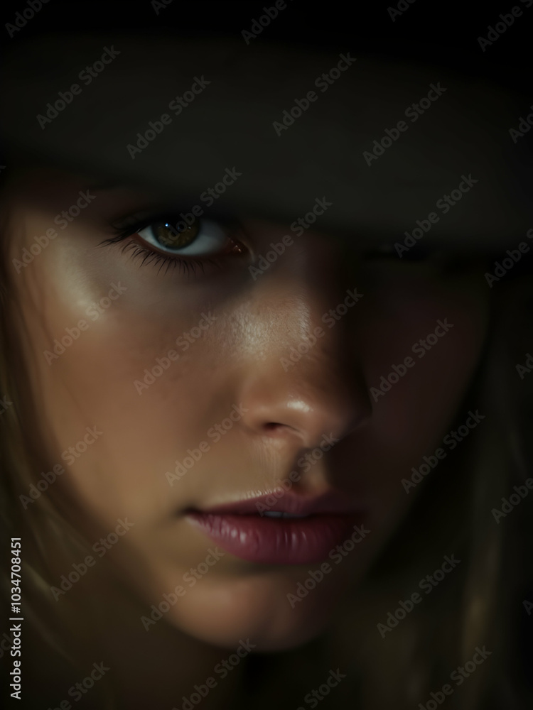 Intense Gaze of a Young Woman in Shadowy Lighting Intense Gaze of a Young Woman in Shadowy Lighting