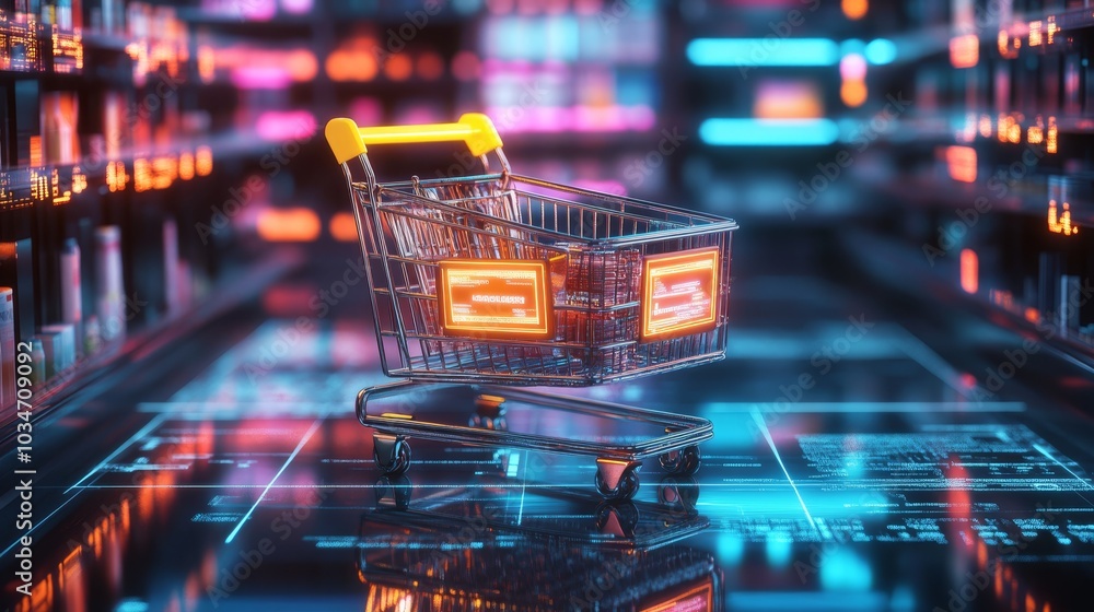 A shopping cart with glowing product labels and a nearby tablet showing an online shopping interface, ultra detailed A shopping cart with glowing product labels and a nearby tablet showing an online shopping interface, ultra detailed