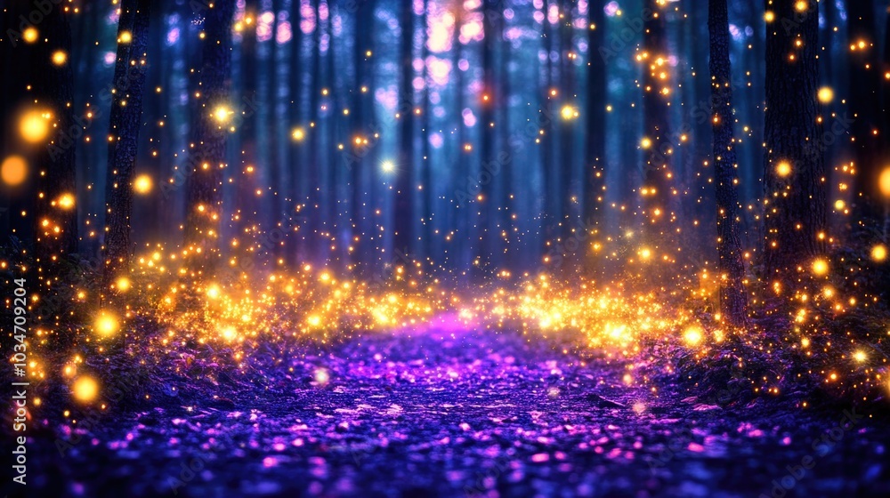 Enchanted forest pathway illuminated by magical glowing lights and glittering fireflies Enchanted forest pathway illuminated by magical glowing lights and glittering fireflies