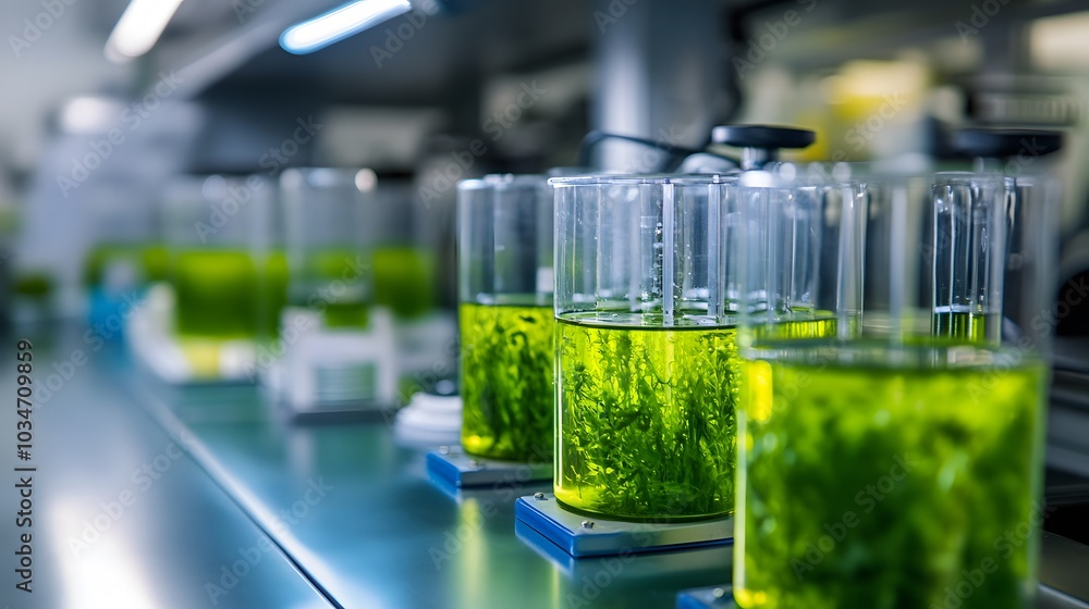 science technology research of green alga biofuel in laboratory, biotechnology industry with alternative natural experiment, biodiesel oil fuel energy from plant to sustainable environment . 