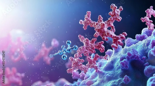3D visualization of a drug molecule binding to a receptor site on a protein surface