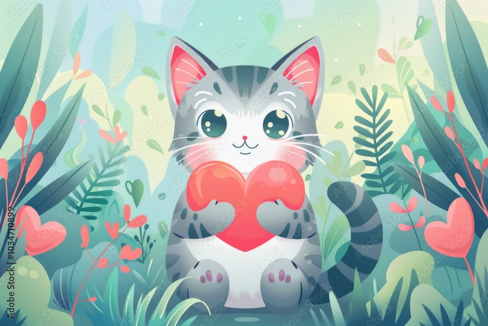 Adorable cat holding heart in enchanting valentine's day garden scene. AI Adorable cat holding heart in enchanting valentine's day garden scene. AI