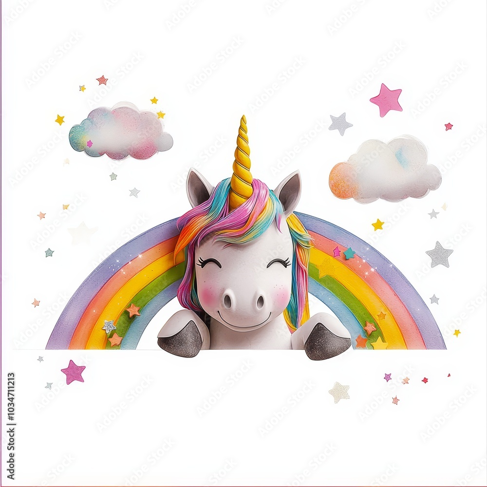 Naklejka premium Charming Unicorn Peeking Out From Behind a Colorful Rainbow