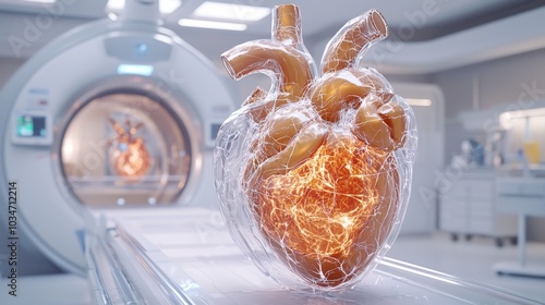 A 3D rendering of a human heart with clear MRI scan overlays in a clinical setting