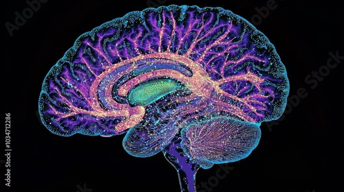 Ultra-detailed brain scan with neural pathways illuminated by AI data streams