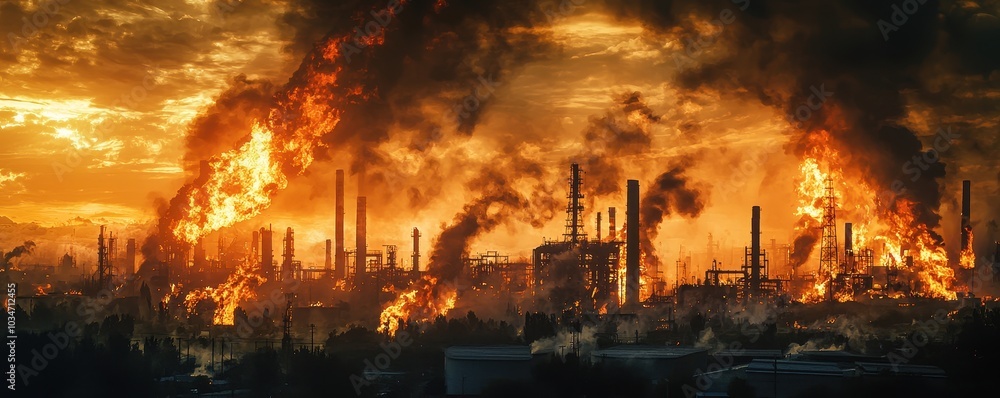 A dramatic scene depicting an industrial area engulfed in flames and ...
