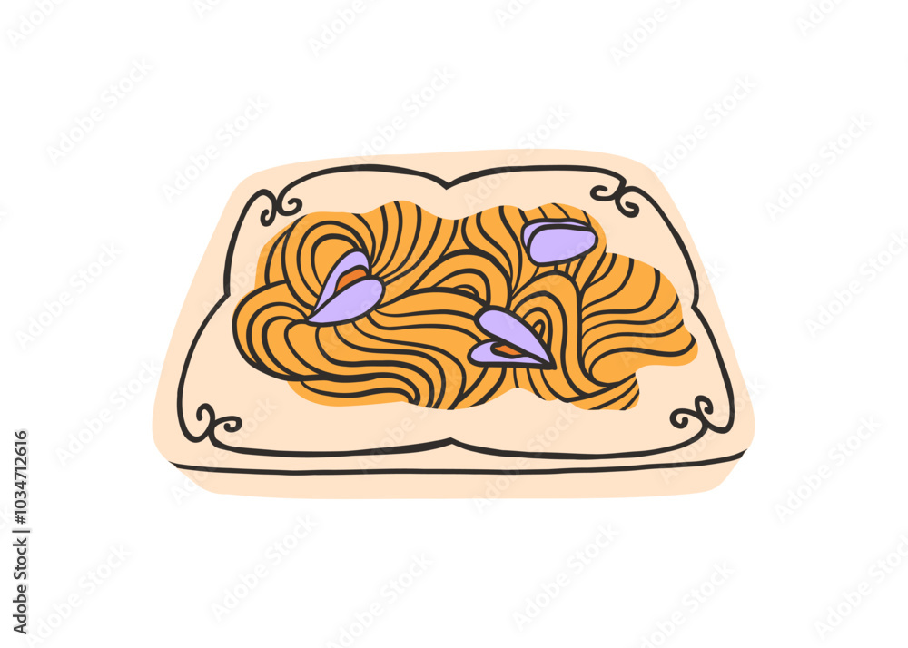 Italian pasta with seafood in a flat style. Spaghetti, tagliatelle, fettuccine. Dish in a deep plate with ornament, handmade ceramics. Colorful bright vector illustration in modern style isolated on a Italian pasta with seafood in a flat style. Spaghetti, tagliatelle, fettuccine. Dish in a deep plate with ornament, handmade ceramics. Colorful bright vector illustration in modern style isolated on a