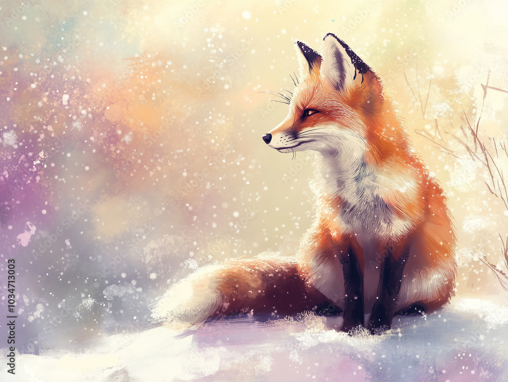 Obraz premium A Sitting Fox in a Frosty Winter Wonderland: Pastel Beauty in the Cold