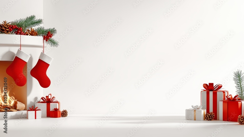 Fototapeta premium Cozy Christmas Fireplace Scene with Festive Decor and Gifts