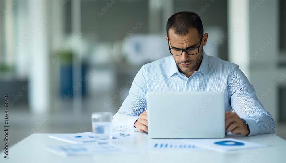 Fototapeta premium Focused businessman working on a laptop in a modern office environment.
