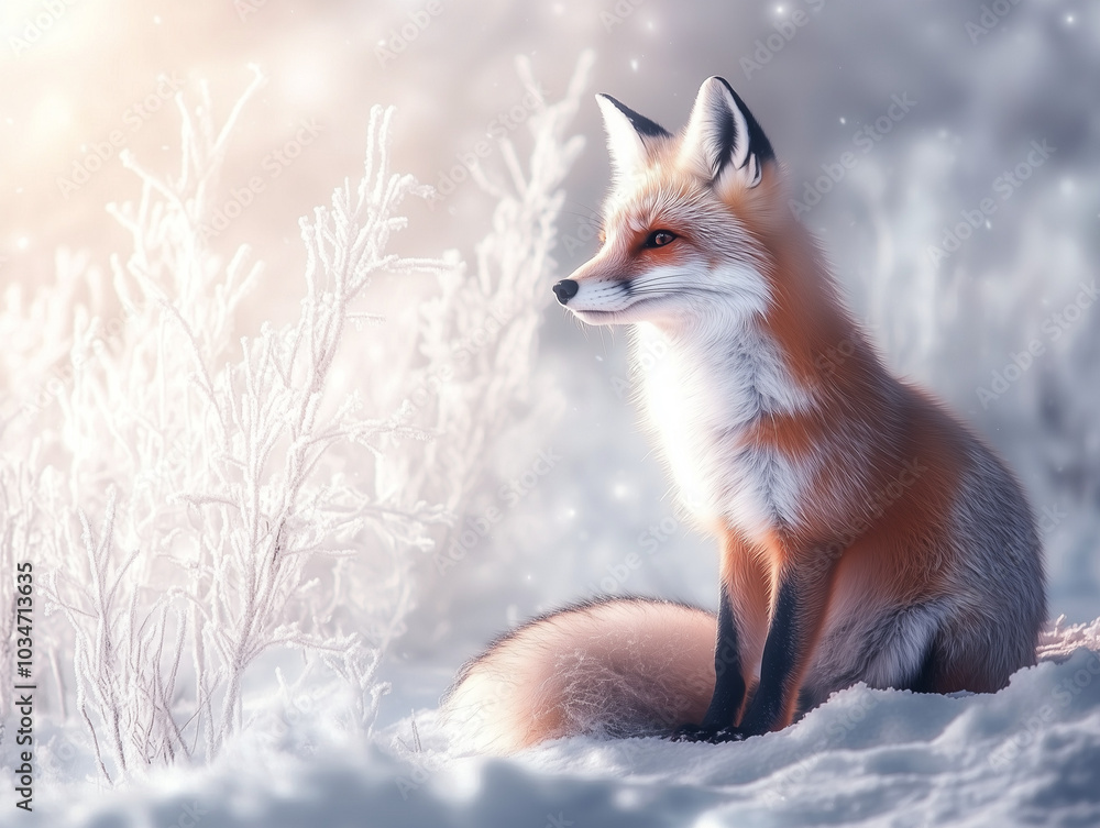 Obraz premium A Fox Sitting in a Frosty Winter Wonderland: Pastel Shades Highlight Silent Solitude