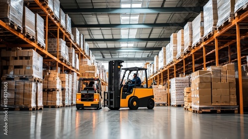 Forklifts Working in a Warehouse.