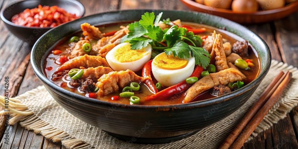 Aromatic Spicy Broth with Tender Meat, Half Boiled Eggs, and Vibrant Red Chili Peppers, Served in a Rustic Bowl Aromatic Spicy Broth with Tender Meat, Half Boiled Eggs, and Vibrant Red Chili Peppers, Served in a Rustic Bowl
