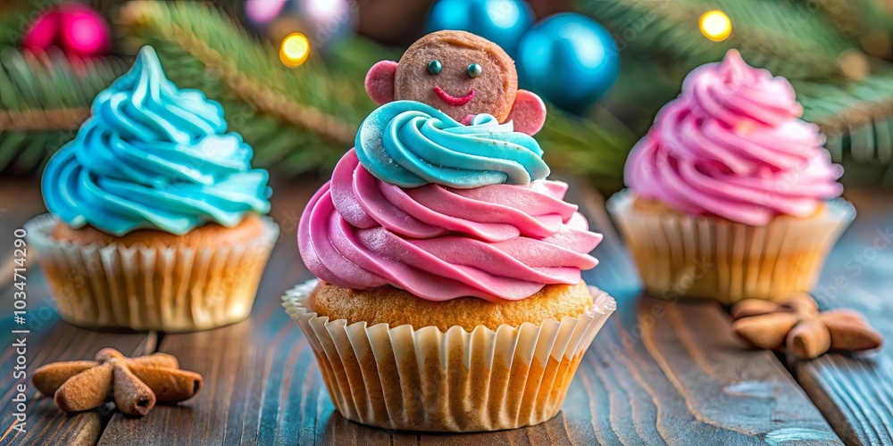 A Festive Treat of Pink and Blue Cupcakes with a Whimsical Topping on a Rustic Wooden Table A Festive Treat of Pink and Blue Cupcakes with a Whimsical Topping on a Rustic Wooden Table