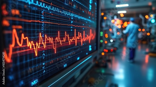 close up of heartbeat pulse line on monitor with doctor in the background emphasizing healthcare and heart health.stock image