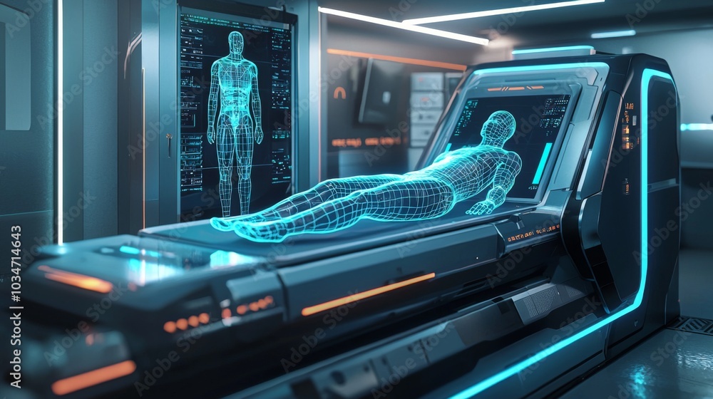 An image of futuristic AI-powered hospital equipment performing a full-body scan autonomously An image of futuristic AI-powered hospital equipment performing a full-body scan autonomously