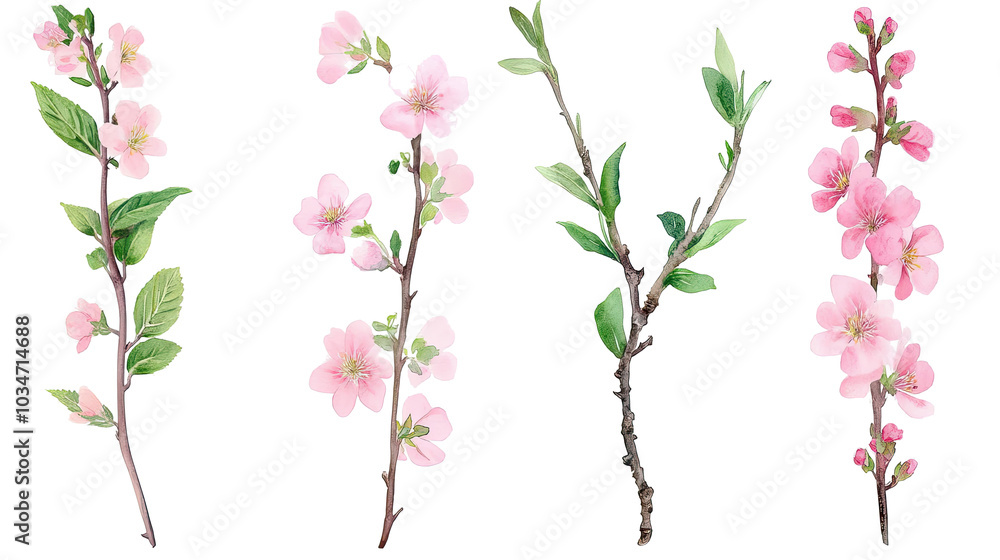 Pink Watercolor Flowers With Green Leaves Transparent Background Generative AI Pink Watercolor Flowers With Green Leaves Transparent Background Generative AI