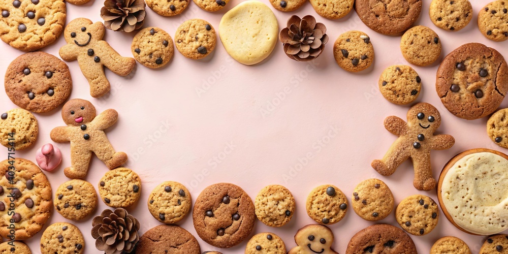 Obraz premium A festive arrangement of sweet treats, featuring chocolate chip cookies, gingerbread men, and simple cookies with a smile, all nestled together on a light pink background.