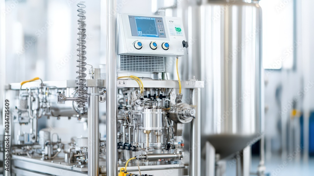 Industrial Stainless Steel Machinery in a Factory Setting. Industrial Stainless Steel Machinery in a Factory Setting.