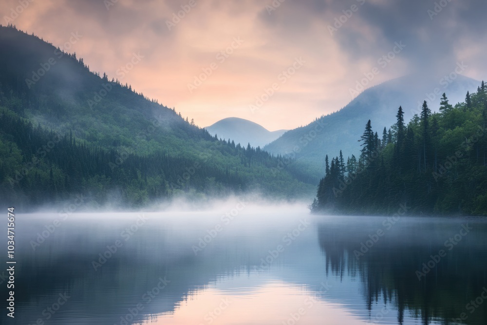 A tranquil mountain lake with mist rising from the water, surrounded by towering, forested peaks A tranquil mountain lake with mist rising from the water, surrounded by towering, forested peaks