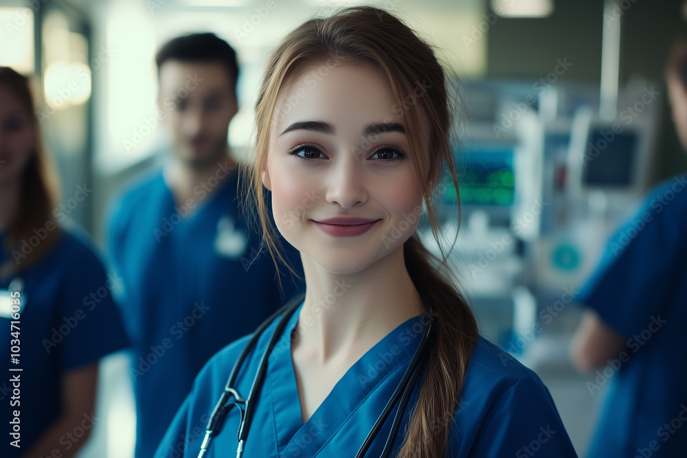 Portrait of a smiling female nurse in a blue medical uniform with a stethoscope around her neck, looking at the camera in a hospital setting Portrait of a smiling female nurse in a blue medical uniform with a stethoscope around her neck, looking at the camera in a hospital setting
