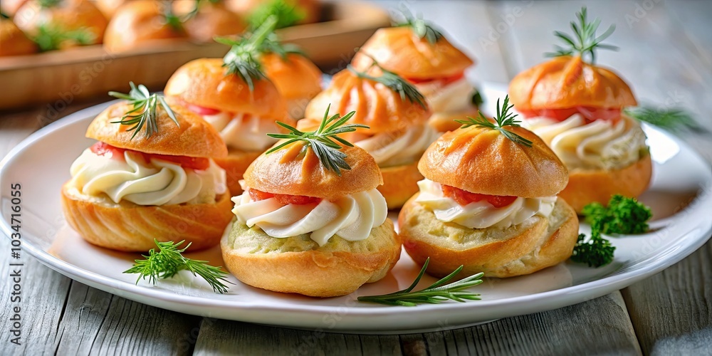 Creamy Indulgence Delicate Pastry Bites with Whipped Cream and Sweet Red Glaze, Garnished with Fresh Green Herbs Creamy Indulgence Delicate Pastry Bites with Whipped Cream and Sweet Red Glaze, Garnished with Fresh Green Herbs