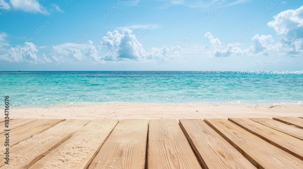 Fototapeta premium Polished Wooden Planks Leading to Serene Tropical Beach Landscape