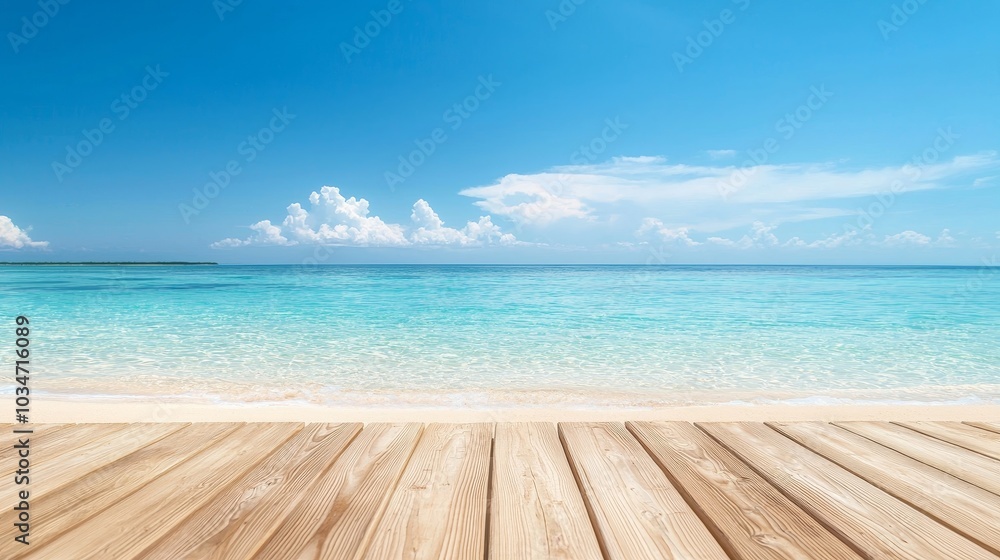 Fototapeta premium Polished Wooden Planks on Sandy Beach Leading to Tranquil Ocean Horizon