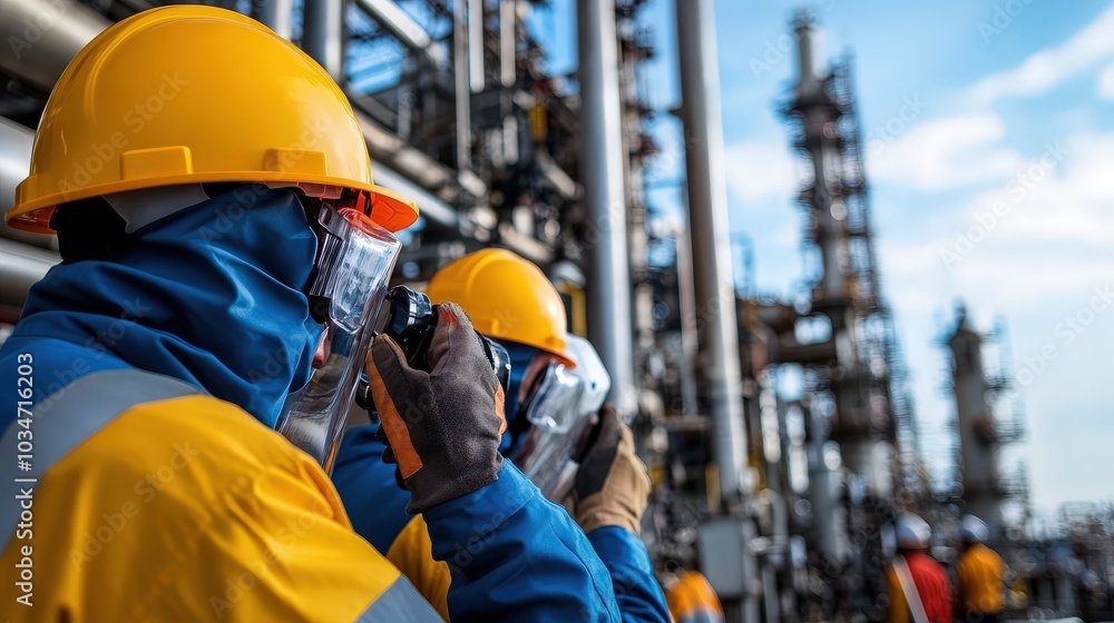 Industrial Workers in Hard Hats and Safety Gear Inspecting a Refinery. Industrial Workers in Hard Hats and Safety Gear Inspecting a Refinery.