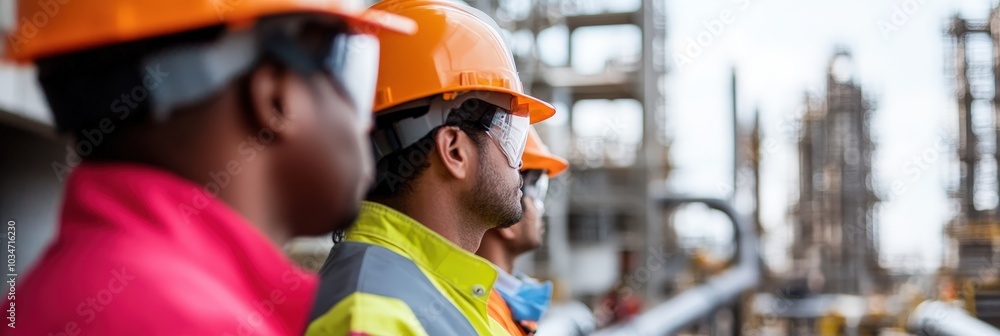 Construction Workers Looking at Industrial Plant. Construction Workers Looking at Industrial Plant.