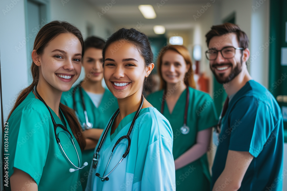 Diverse group of smiling medical professionals in scrubs and stethoscopes, standing together in a hospital hallway, showcasing teamwork and healthcare Diverse group of smiling medical professionals in scrubs and stethoscopes, standing together in a hospital hallway, showcasing teamwork and healthcare