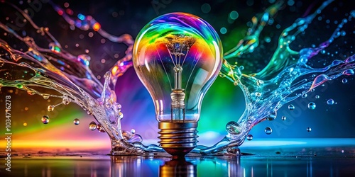 A Lightbulb Illuminated by a Symphony of Splashing Water, Encapsulating a Spectrum of Vivid Colors