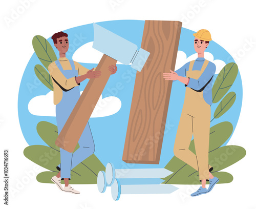 Man make floor. Handyman with large hammer and wooden plate. Repair and renovation at home. Construction industry and occupation. Flat vector illustration isolated on white background
