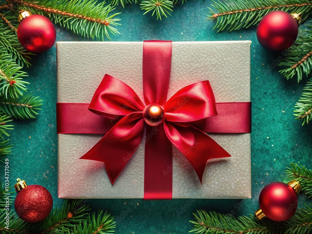 Christmas Card with Ribbon and Bow, Captured from Above Christmas Card with Ribbon and Bow, Captured from Above