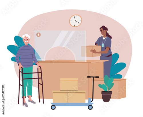 Old man with parcel. Woman giving cardboard box to elderly man. Online shopping and delivery. Logistics and distribution. Flat vector illustration isolated on white background