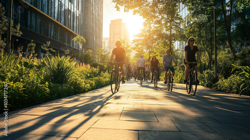 Fototapeta Naklejka Na Ścianę i Meble -  Group of people cycling on a paved path in a modern city setting with tall buildings and lush greenery, enjoying a sunny day