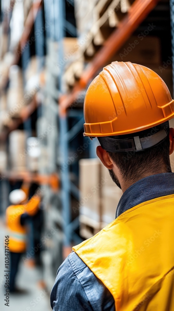 Warehouse worker wearing a safety helmet and vest. Warehouse worker wearing a safety helmet and vest.