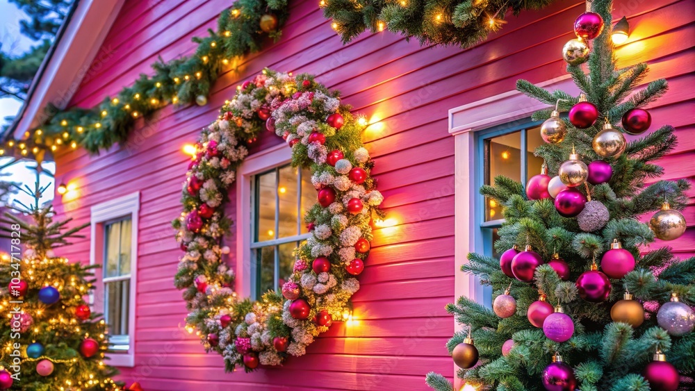 Christmas Motion Magic: A Captivating Close-up of a Pink House, Decorated Tree, and Flashing Garland Christmas Motion Magic: A Captivating Close-up of a Pink House, Decorated Tree, and Flashing Garland