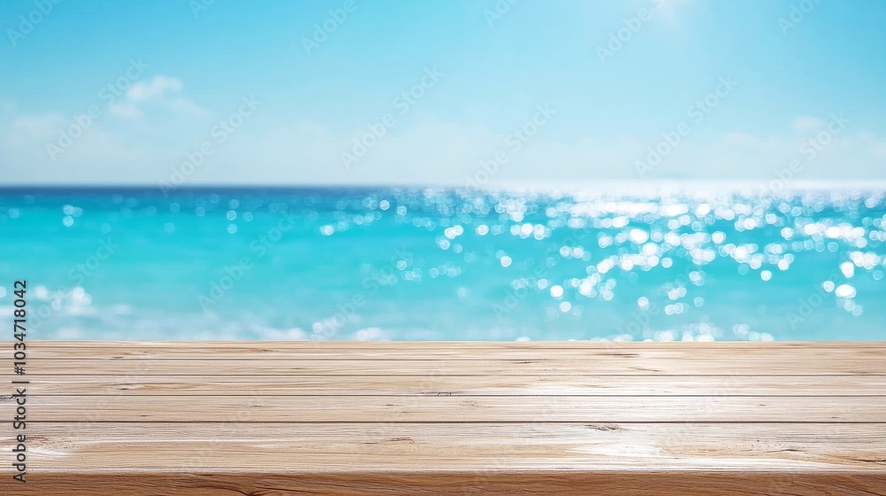 Tranquil Wooden Surface with Mesmerizing Ocean View in the Background Tranquil Wooden Surface with Mesmerizing Ocean View in the Background