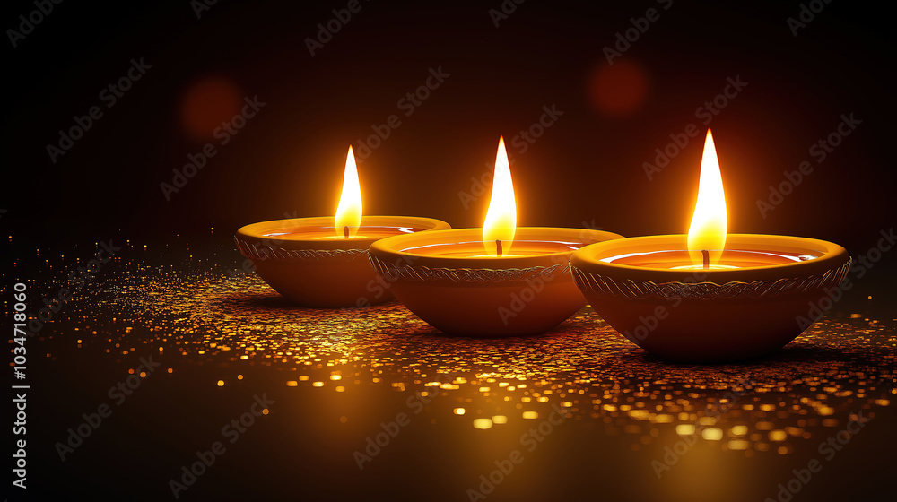 Illuminated diya lamps creating a warm atmosphere for the joyous Diwali celebration Illuminated diya lamps creating a warm atmosphere for the joyous Diwali celebration