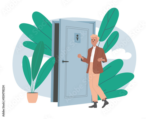 Man wants to go to toilet. Guy near enter to toilet. Person with diarrhea, food poisoning and abdominal pain. Worker with illness and disease. Flat vector illustration isolated on white background