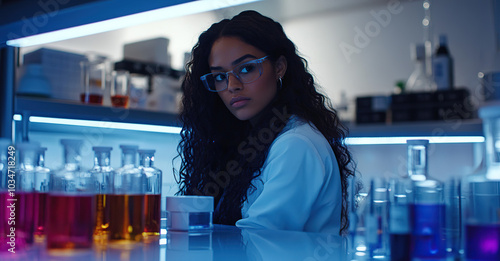 A female scientist working in a laboratory, surrounded by test tubes and beakers, dedicated to creating new medical products for treating infectious diseases. The bright white background and blue ligh