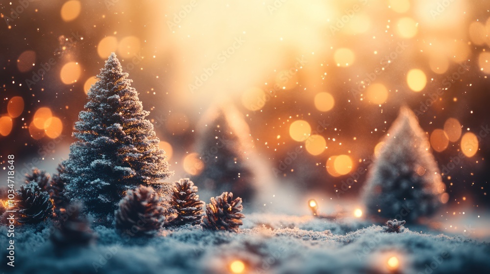 Naklejka premium Beautiful holiday background with Christmas trees, snowflakes, and warm, glowing lights in the distance.