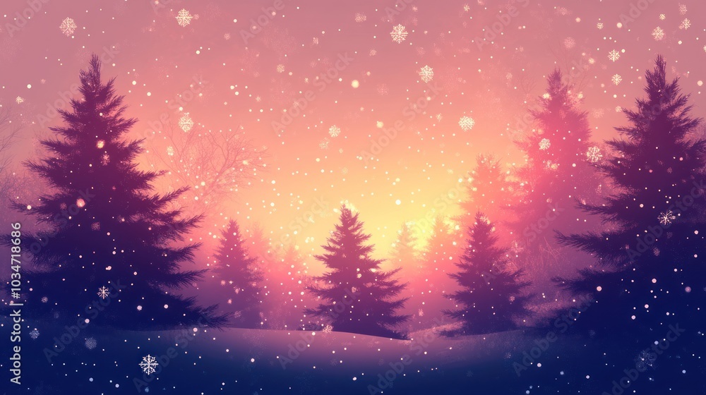 Naklejka premium Beautiful holiday background with Christmas trees, snowflakes, and warm, glowing lights in the distance.